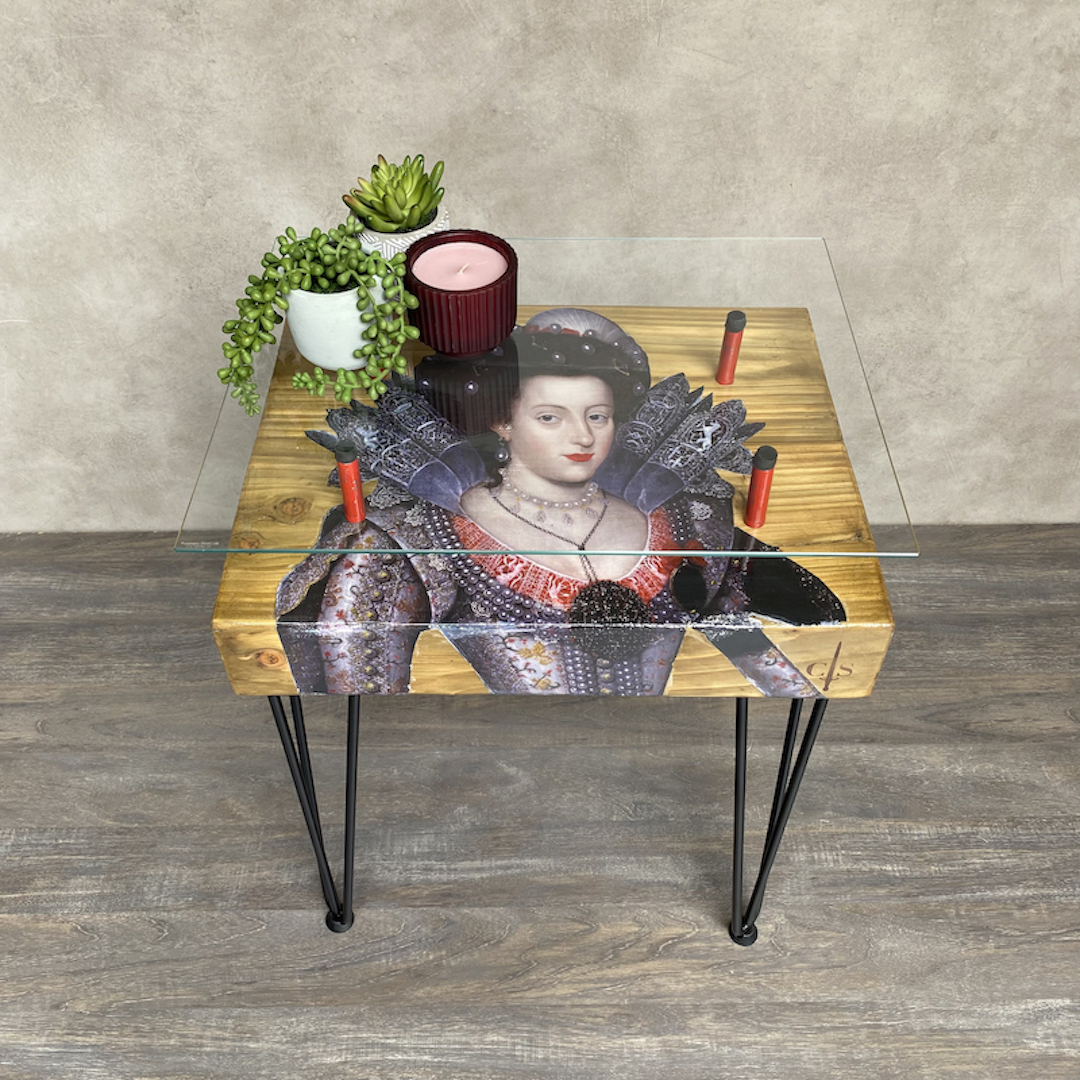 QUEEN OF BOHEMIA Wood Beam Glass Top Side Table - Image 2