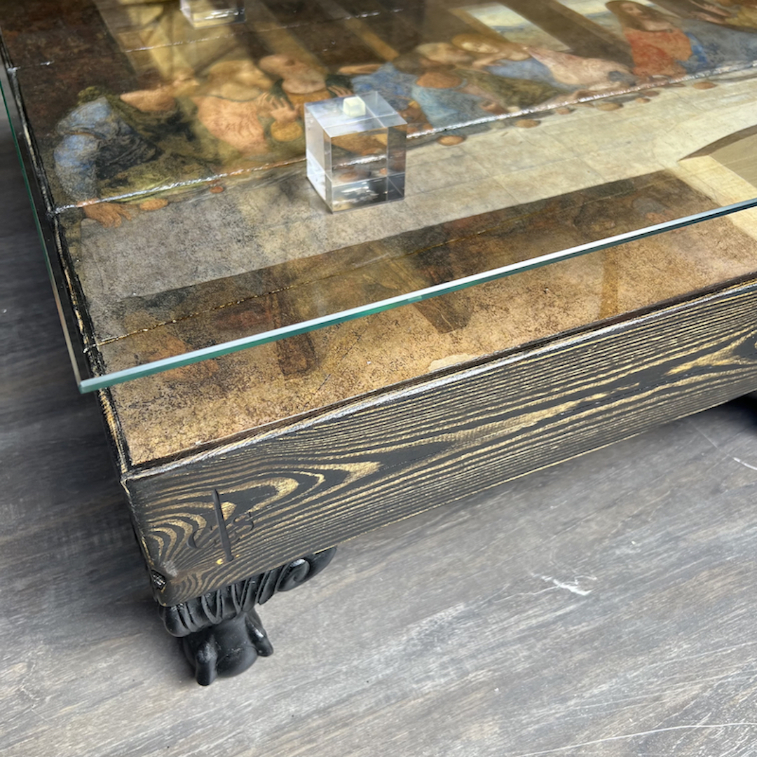 THE LAST SUPPER Long Wood Beam Glass Top Coffee Table - Image 6