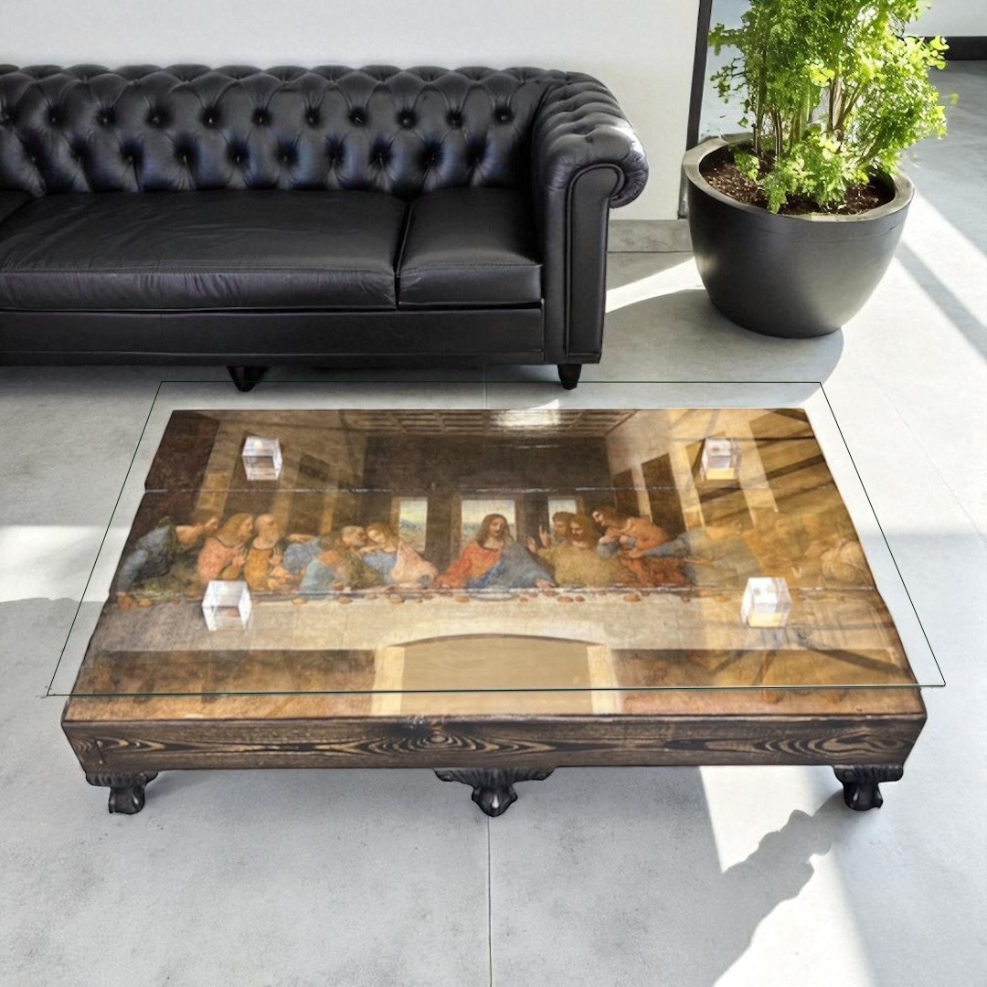 THE LAST SUPPER Long Wood Beam Glass Top Coffee Table - Image 4