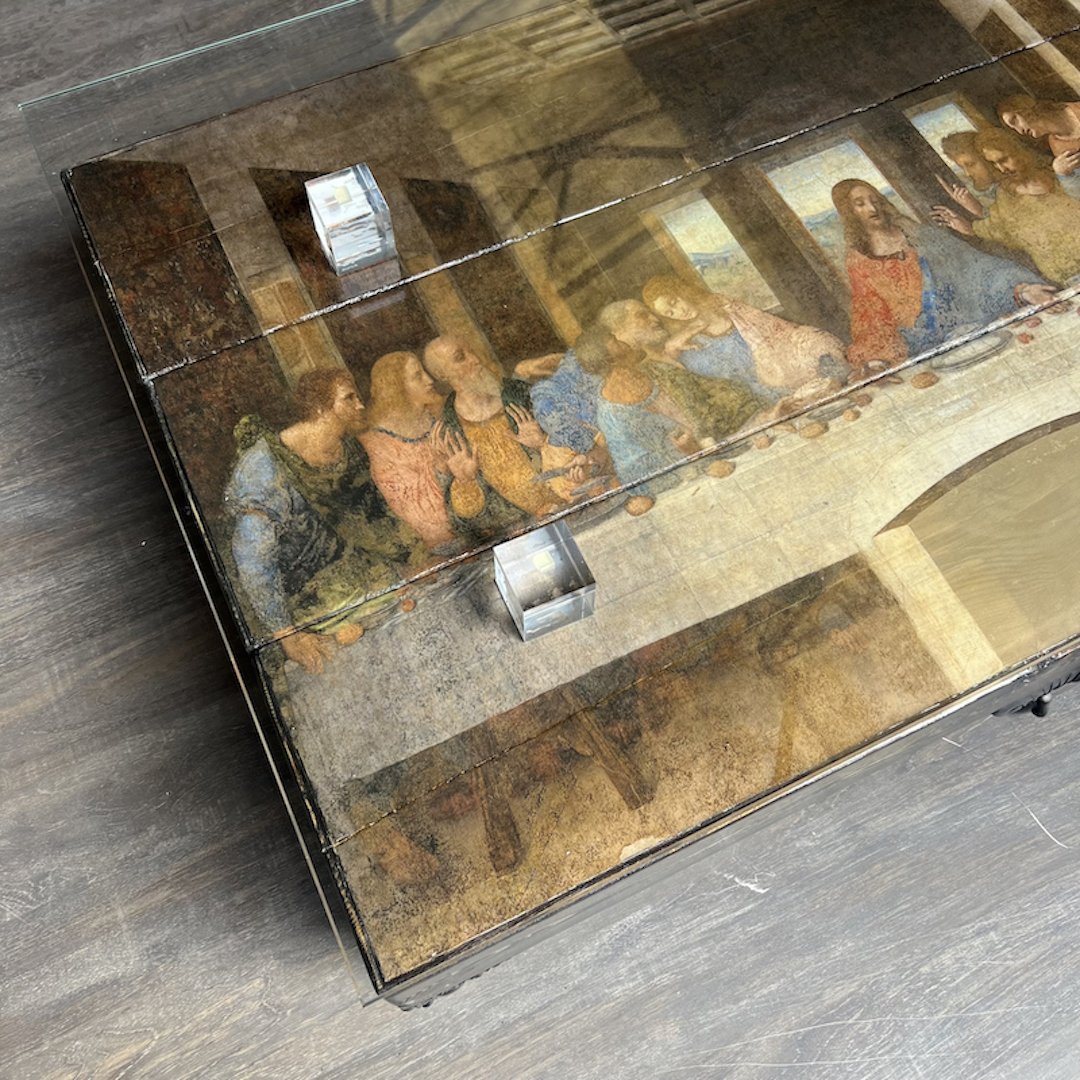 THE LAST SUPPER Long Wood Beam Glass Top Coffee Table - Image 3