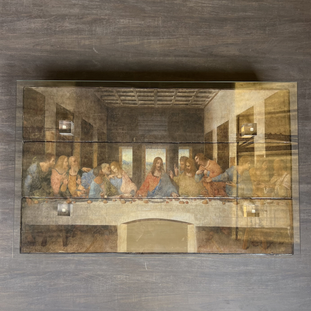 THE LAST SUPPER Long Wood Beam Glass Top Coffee Table - Image 2