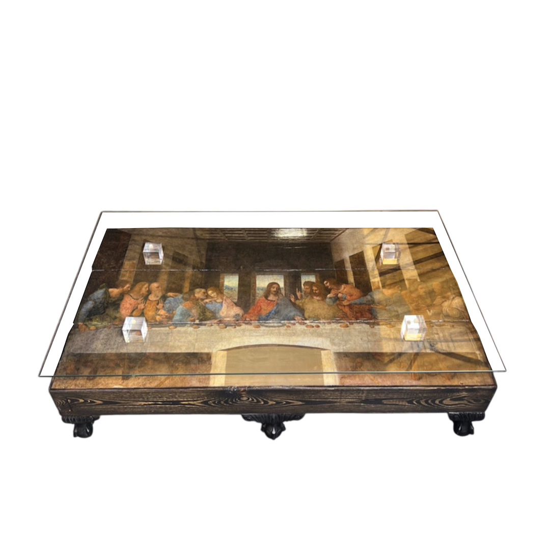 THE LAST SUPPER Long Wood Beam Glass Top Coffee Table